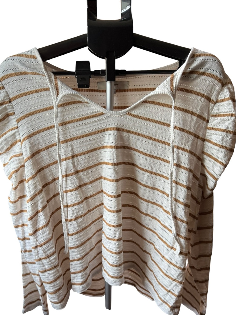 LOFT White and Tan Striped V-Neck long sleeve Sleeve Top summer casual beach
